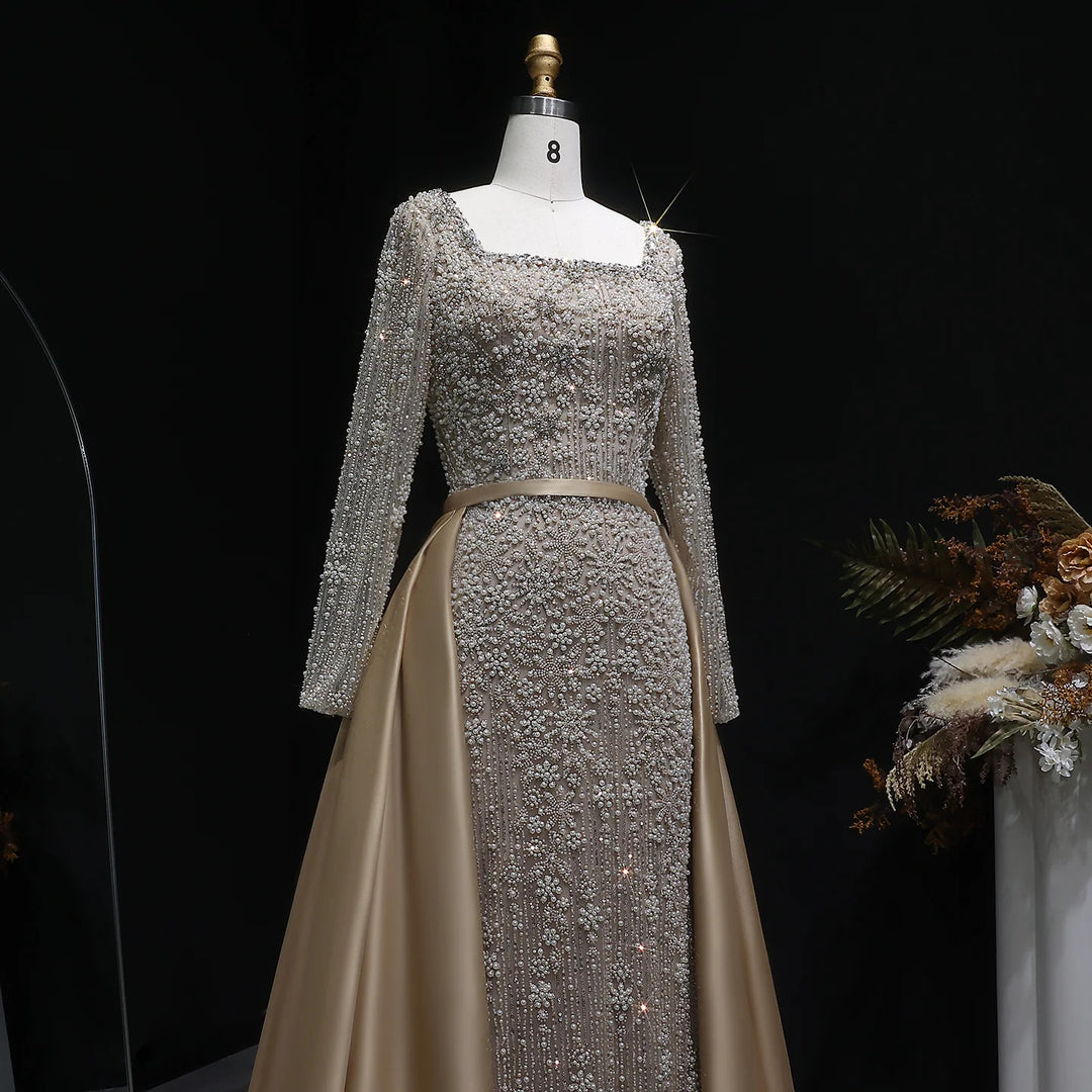Luxury Champagne Beaded with Overskirt Evening Dress SS119