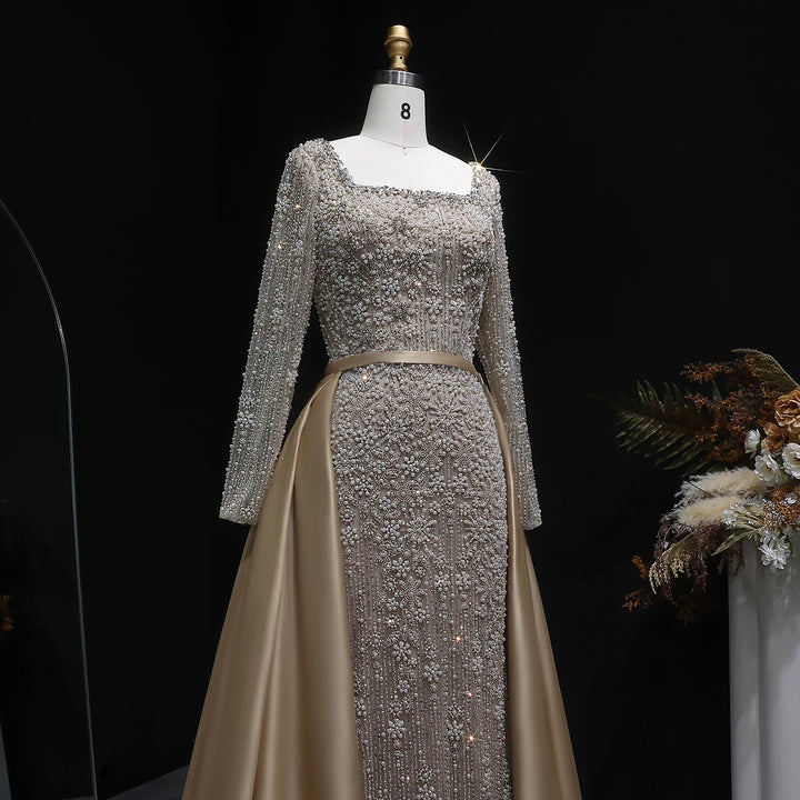 Luxury Champagne Beaded with Overskirt Evening Dress SS119