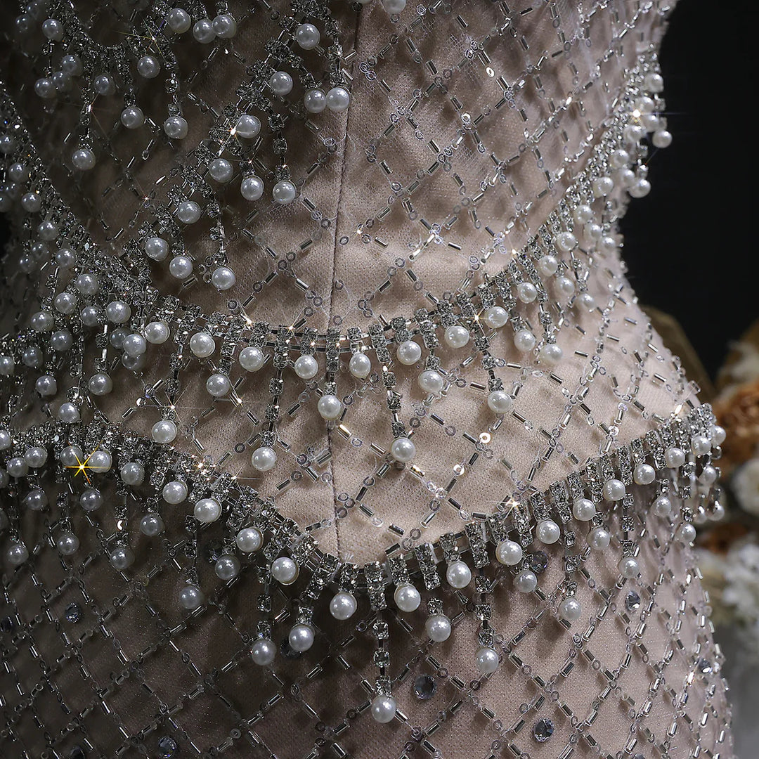 Luxury Silver Grey Evening Dress with Crystal Beading SS631