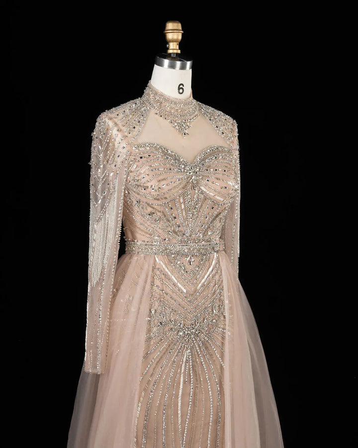 Dreamy Vow Beaded High Neck Evening Gown with Flowing Cape SS171