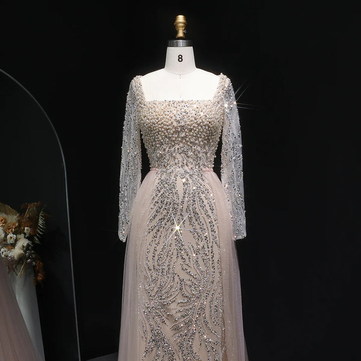 Glamorous Champagne Beaded Prom Dress with Long Sleeves SS632