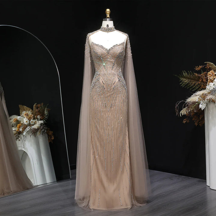 Luxury Blue Crystal Beaded Spaghetti Strap Evening Gown with Cape SS151