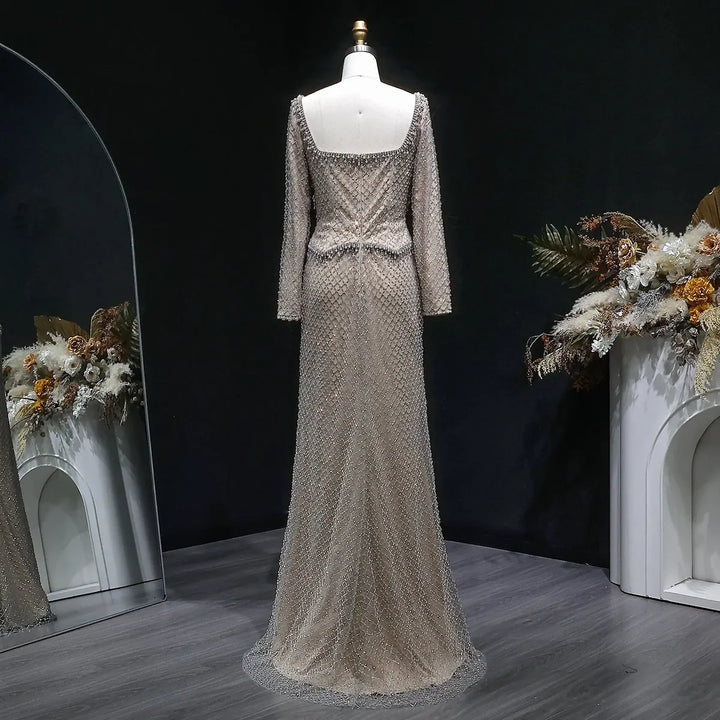 Sophisticated Gray Crystal Evening Dress with Sleek Long Sleeves SS633