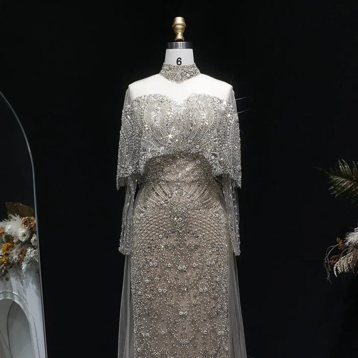 Luxury Gray Dubai Evening Gown with Detachable Overskirt SS557