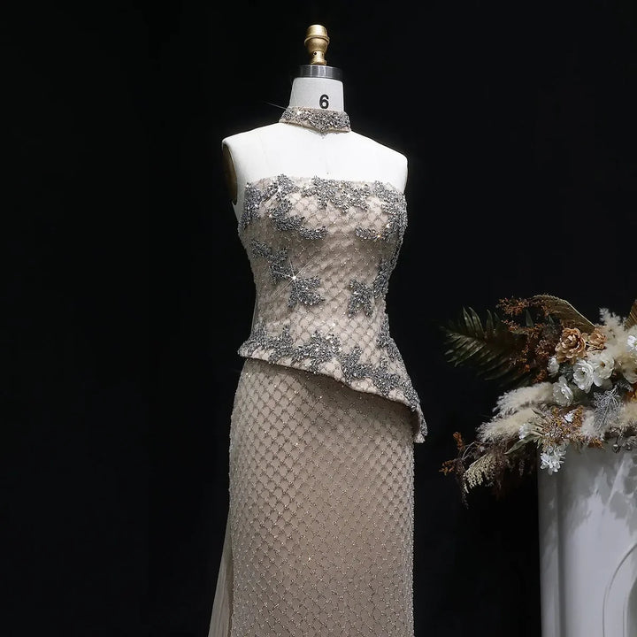 Luxury Champagne Strapless Beaded Mermaid Evening Dress with Train SS394