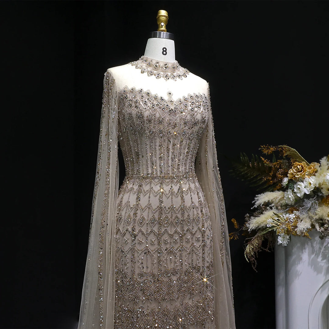 Luxury Sequin Beaded Cape Sleeve Evening Gown SS150