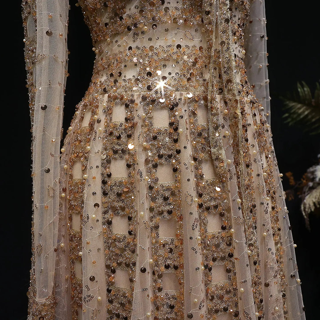 Luxury Champagne Gold Sequin Long Sleeve Evening Gown with Sheer Tulle Overlay SS149