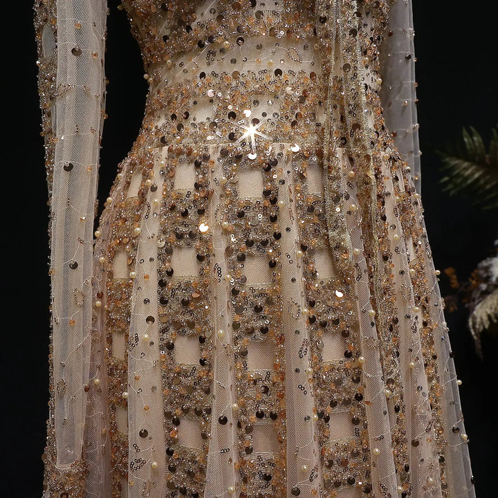 Luxury Champagne Gold Sequin Long Sleeve Evening Gown with Sheer Tulle Overlay SS149