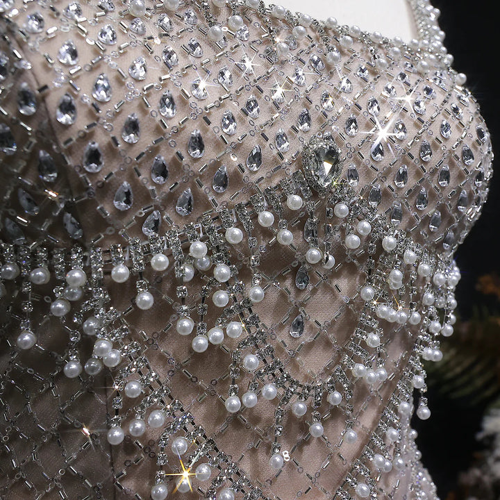 Luxury Silver Grey Evening Dress with Crystal Beading SS631