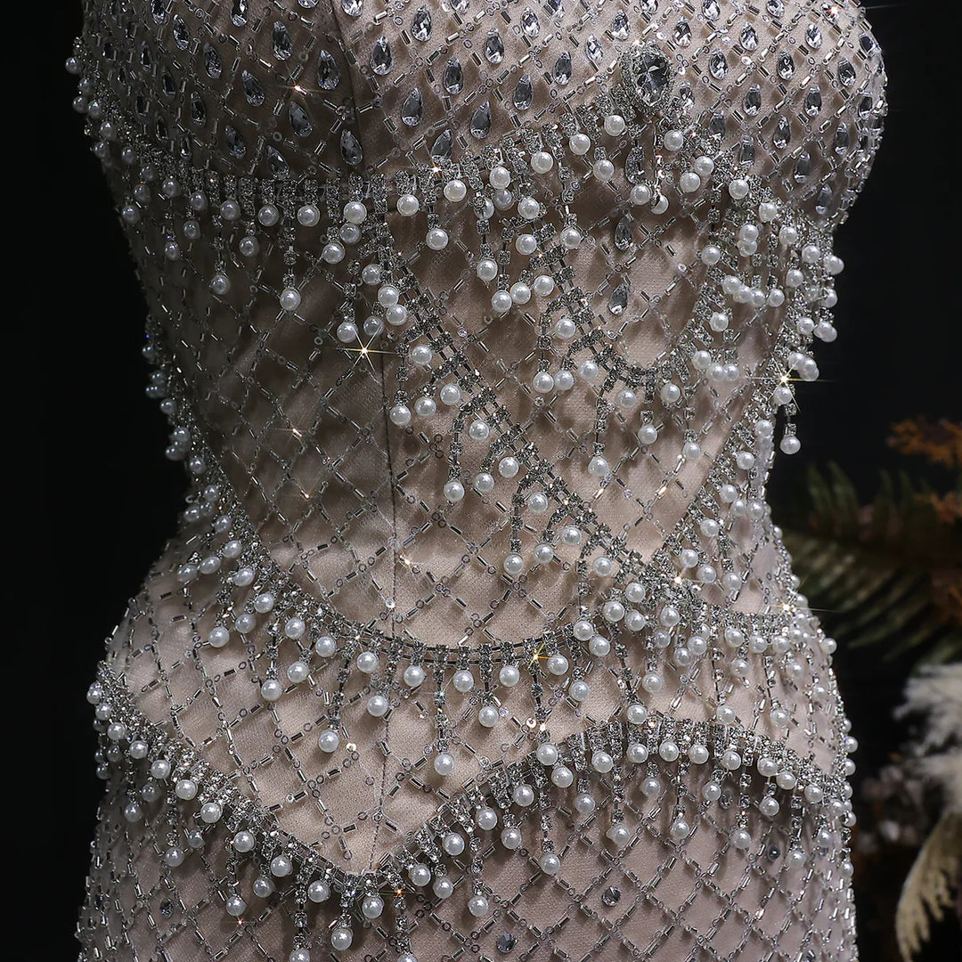 Luxury Silver Grey Evening Dress with Crystal Beading SS631