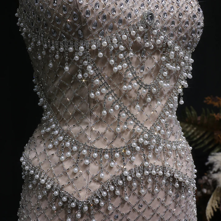 Luxury Silver Grey Evening Dress with Crystal Beading SS631