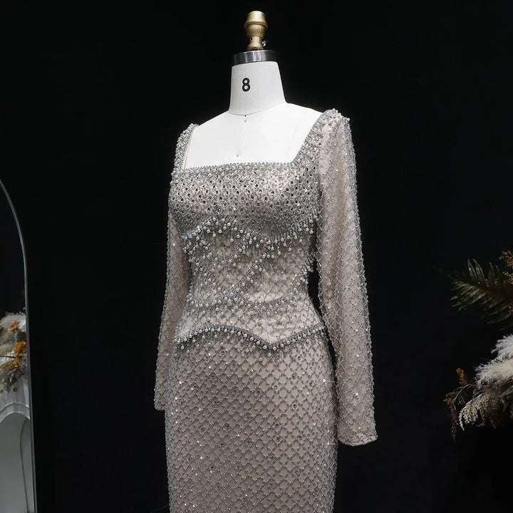 Sophisticated Gray Crystal Evening Dress with Sleek Long Sleeves SS633
