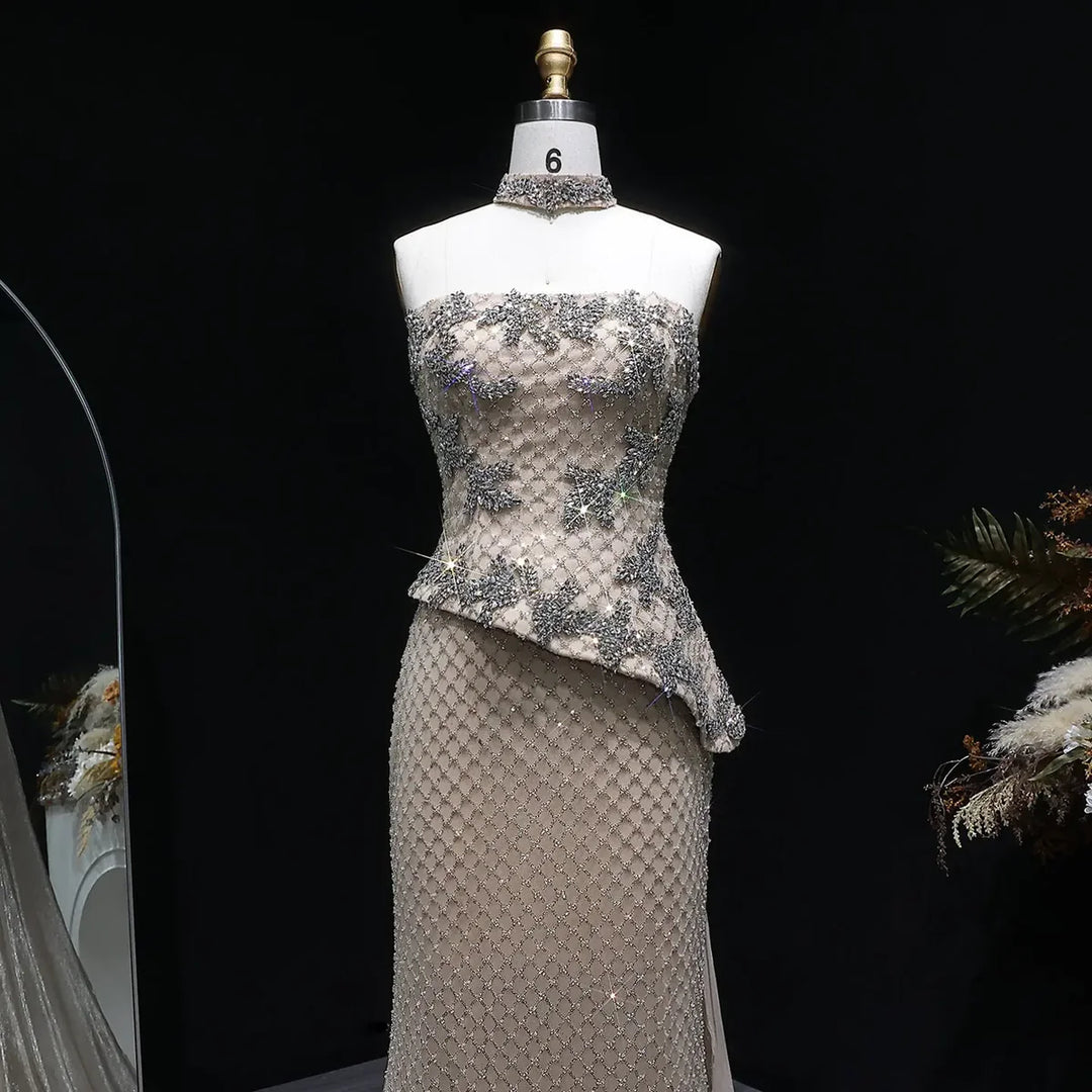 Luxury Champagne Strapless Beaded Mermaid Evening Dress with Train SS394