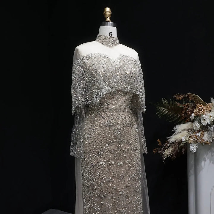 Luxury Gray Dubai Evening Gown with Detachable Overskirt SS557