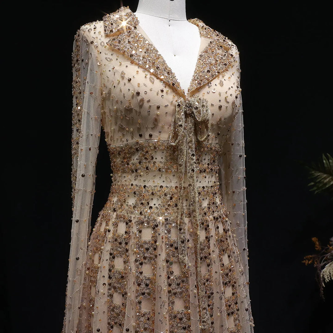 Luxury Champagne Gold Sequin Long Sleeve Evening Gown with Sheer Tulle Overlay SS149