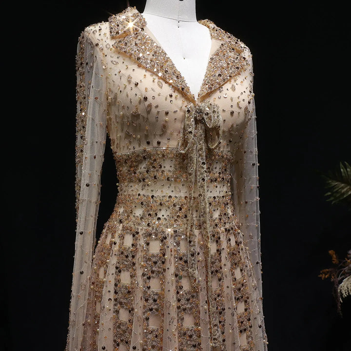 Luxury Champagne Gold Sequin Long Sleeve Evening Gown with Sheer Tulle Overlay SS149