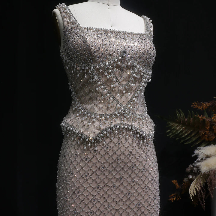 Luxury Silver Grey Evening Dress with Crystal Beading SS631