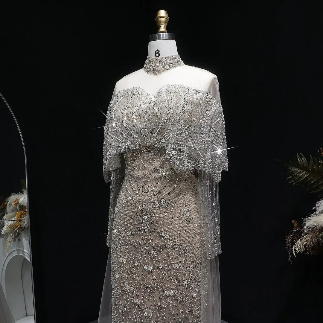 Luxury Gray Dubai Evening Gown with Detachable Overskirt SS557