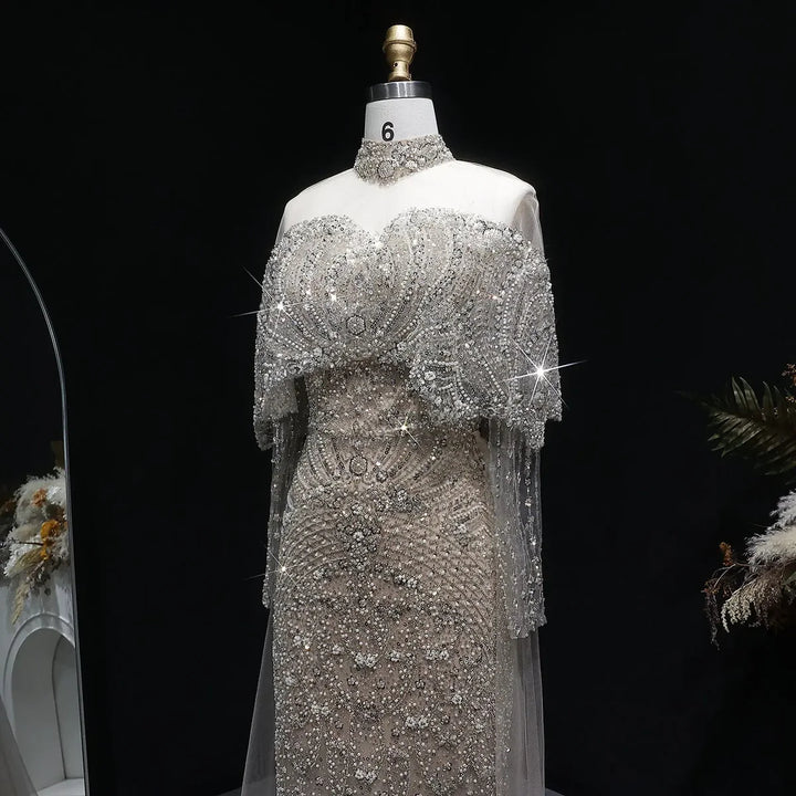 Luxury Gray Dubai Evening Gown with Detachable Overskirt SS557