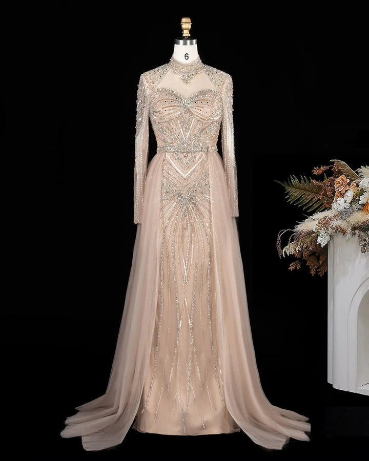 Dreamy Vow Beaded High Neck Evening Gown with Flowing Cape SS171