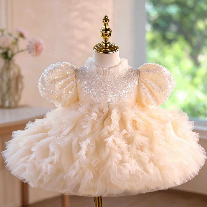 Champagne Sequin Puff Sleeve Ruffle Girls Birthday Dress D129