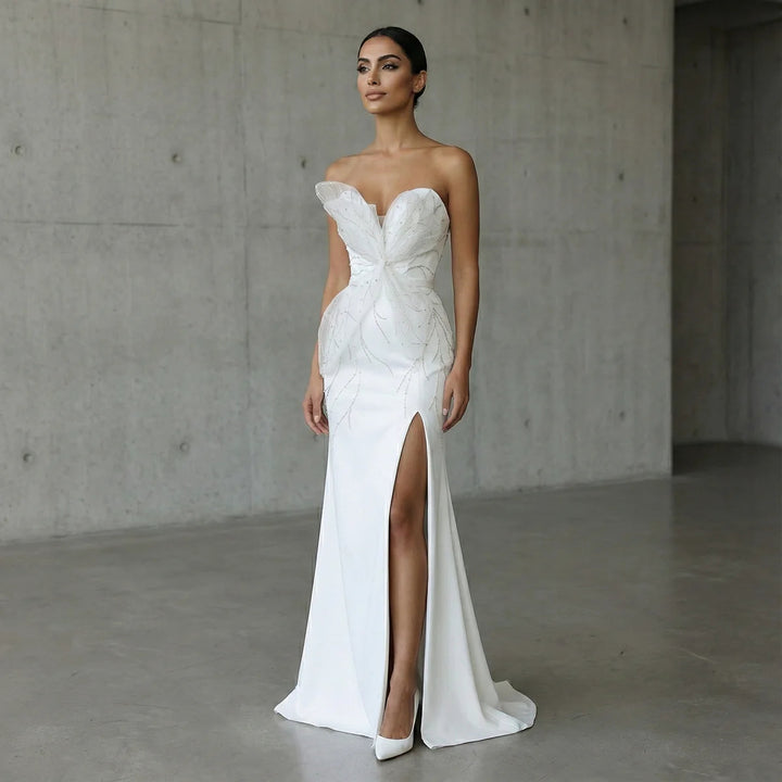 Elegant White Beaded Strapless with High Slit Evening Dress SS502