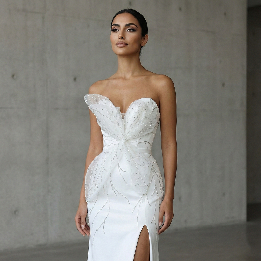 Elegant White Beaded Strapless with High Slit Evening Dress SS502