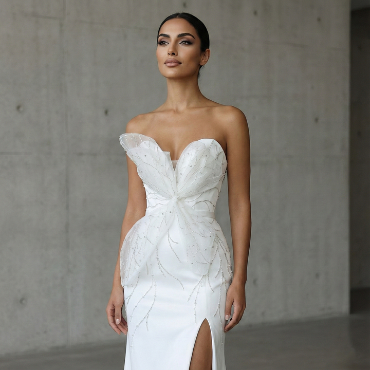 Elegant White Beaded Strapless with High Slit Evening Dress SS502