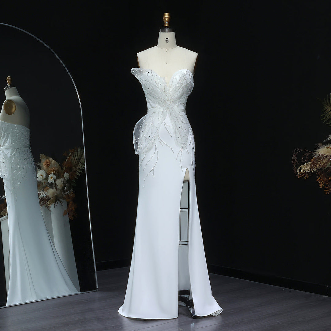 Elegant White Beaded Strapless with High Slit Evening Dress SS502