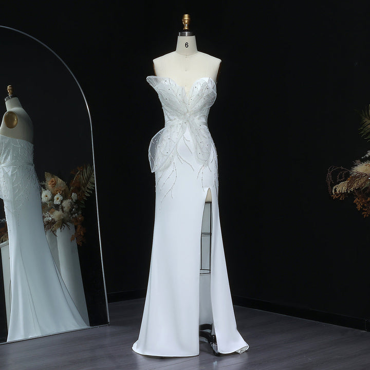 Elegant White Beaded Strapless with High Slit Evening Dress SS502