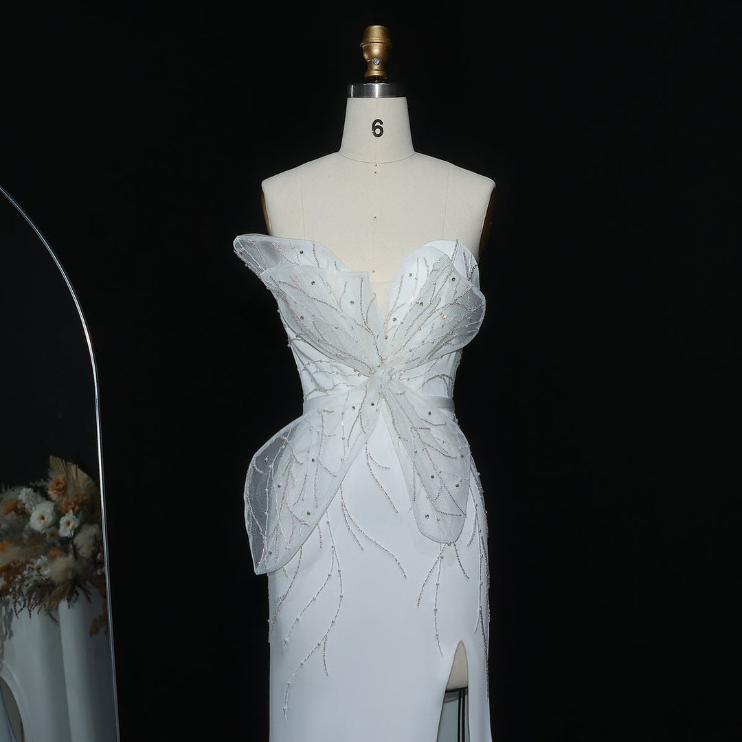 Elegant White Beaded Strapless with High Slit Evening Dress SS502