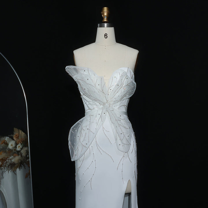 Elegant White Beaded Strapless with High Slit Evening Dress SS502