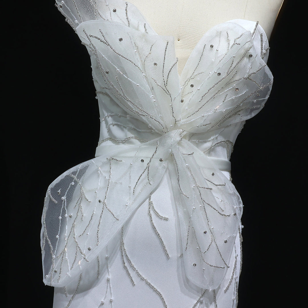 Elegant White Beaded Strapless with High Slit Evening Dress SS502