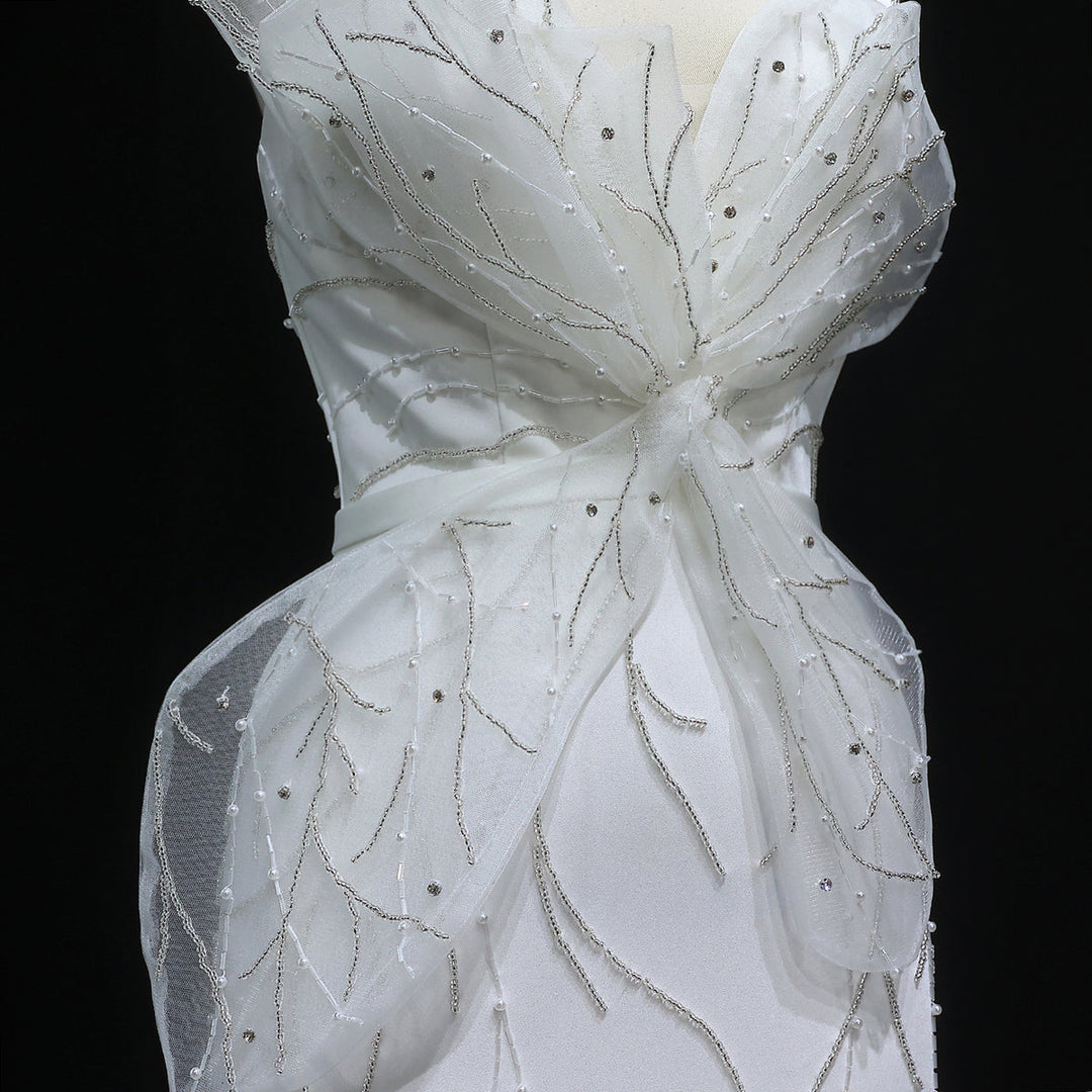 Elegant White Beaded Strapless with High Slit Evening Dress SS502