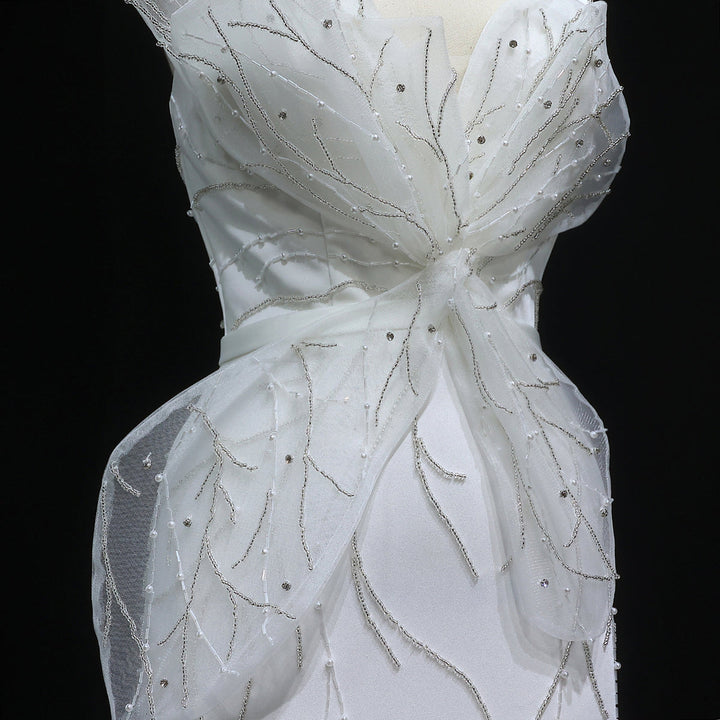 Elegant White Beaded Strapless with High Slit Evening Dress SS502