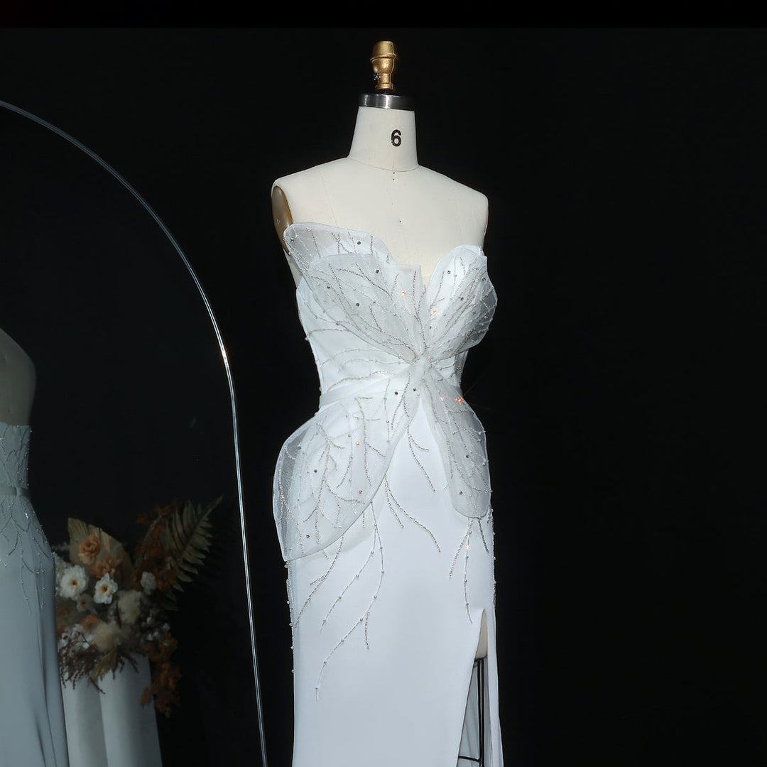 Elegant White Beaded Strapless with High Slit Evening Dress SS502