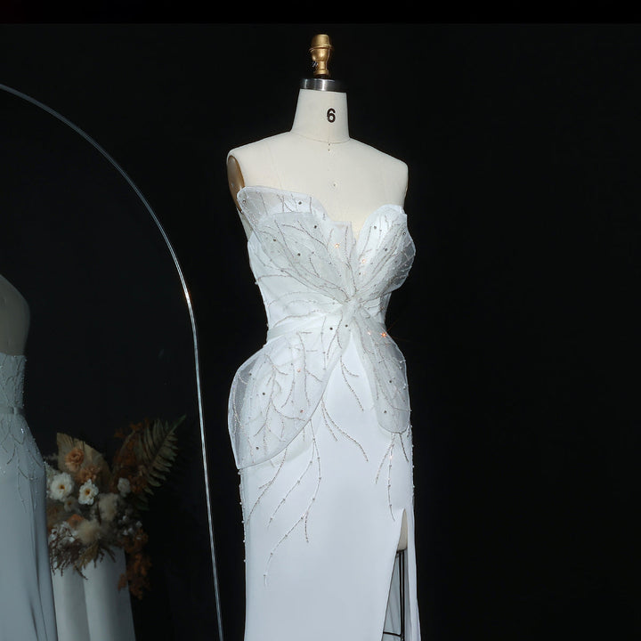 Elegant White Beaded Strapless with High Slit Evening Dress SS502