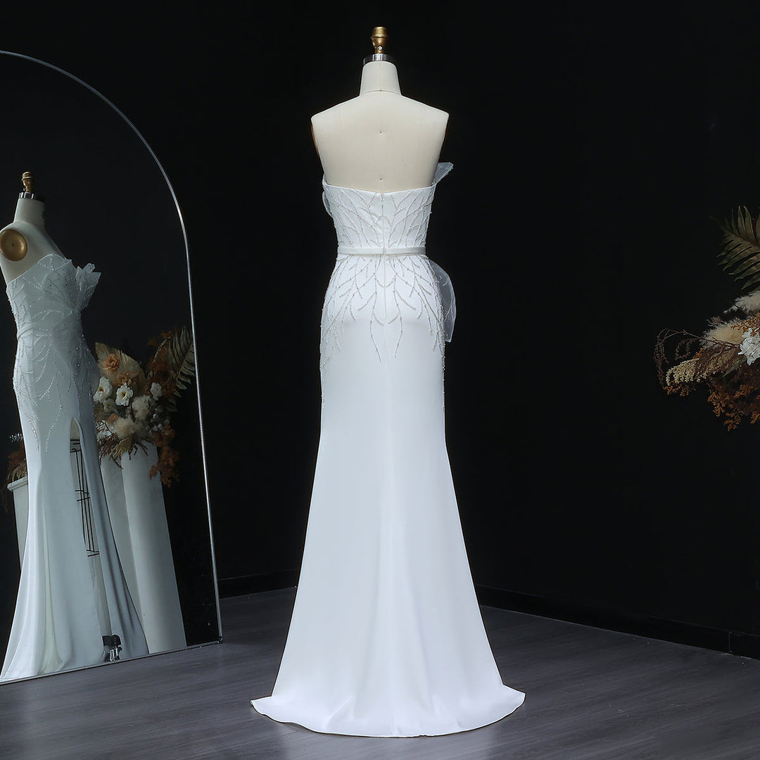 Elegant White Beaded Strapless with High Slit Evening Dress SS502