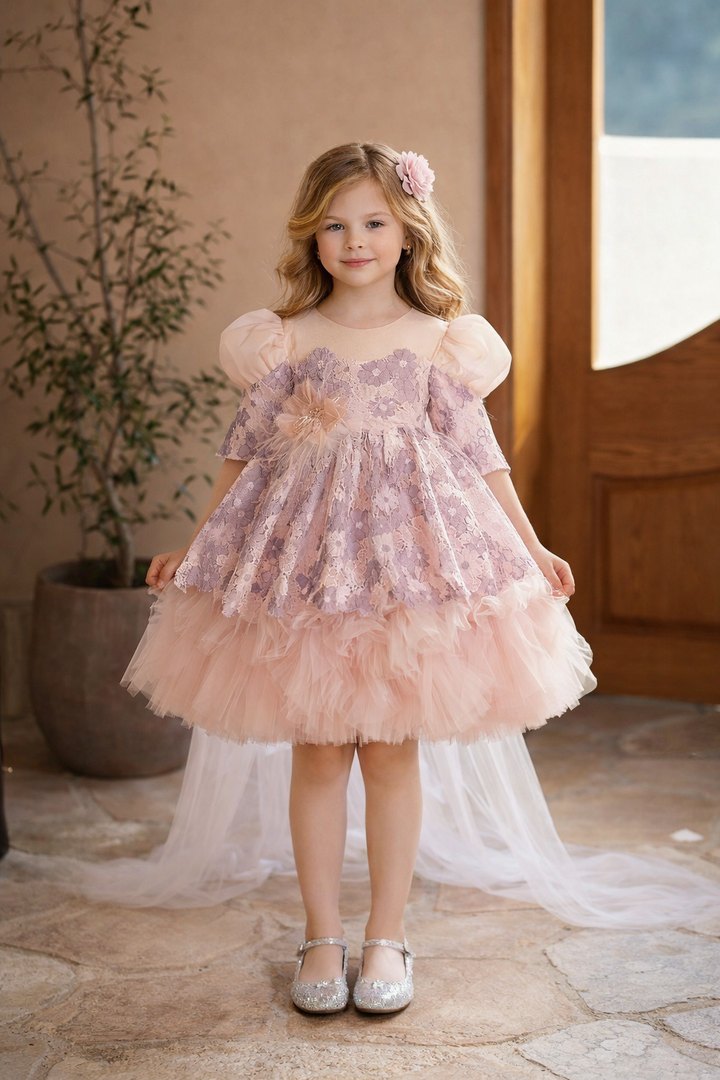 Elegant Lilac Knee Length Girl Dress with Long Sleeves J722