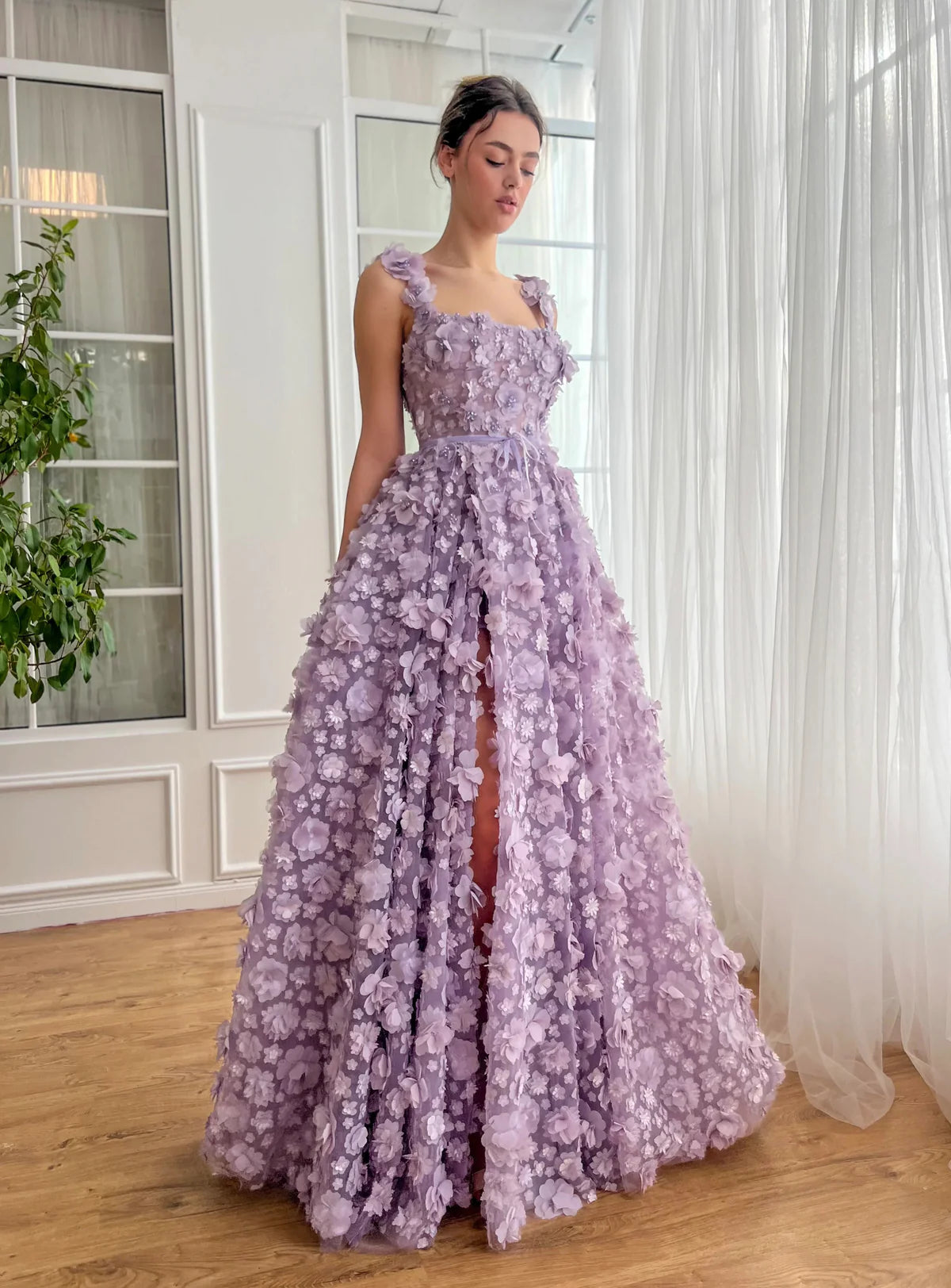 Chic Lilac 3D Embroidered Flowers Evening Dress for Women Party SS357 Elegant Gold Mermaid Arabic Luxury Evening Dress – DreamyVow
