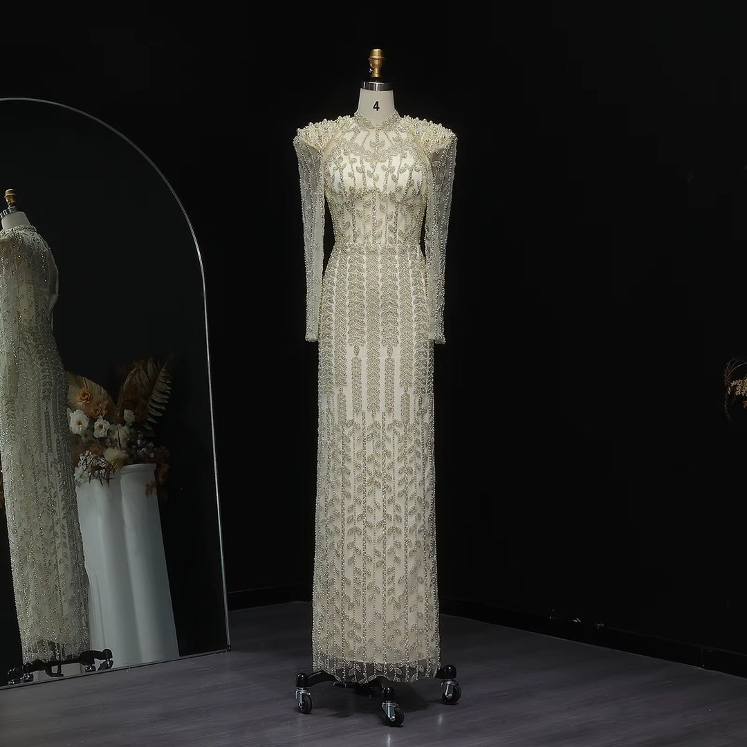 Cream Long Sleeves Arabic Evening Dresses SS696