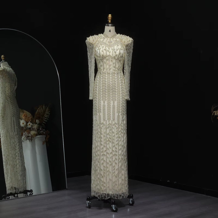 Cream Long Sleeves Arabic Evening Dresses SS696