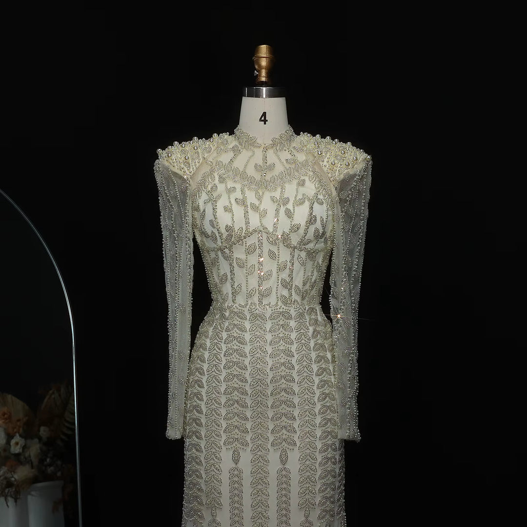 Cream Long Sleeves Arabic Evening Dresses SS696