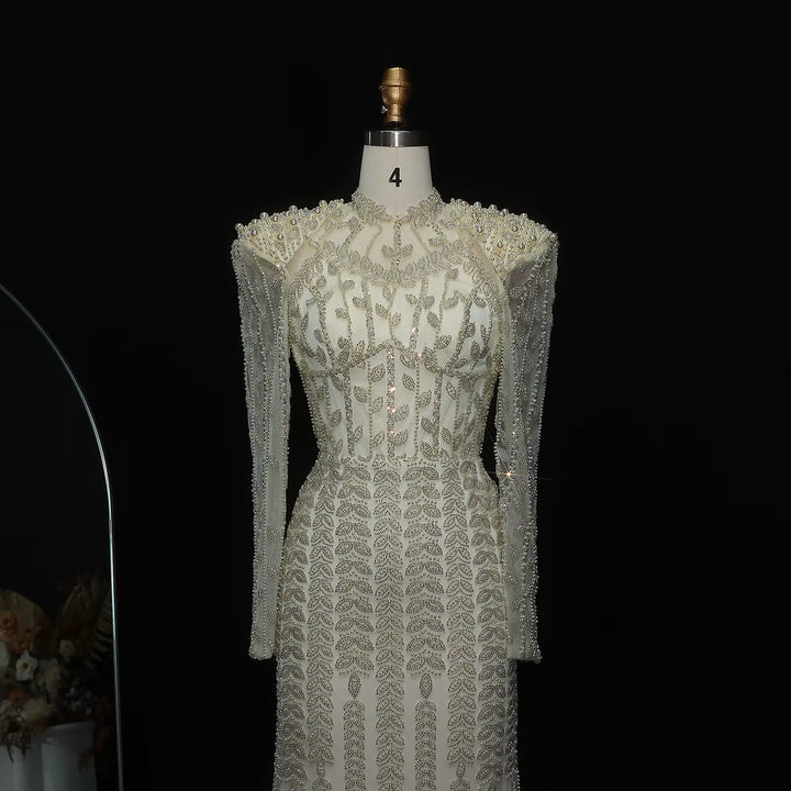 Cream Long Sleeves Arabic Evening Dresses SS696