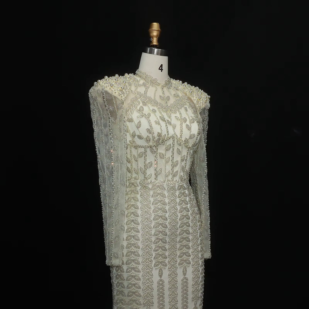 Cream Long Sleeves Arabic Evening Dresses SS696