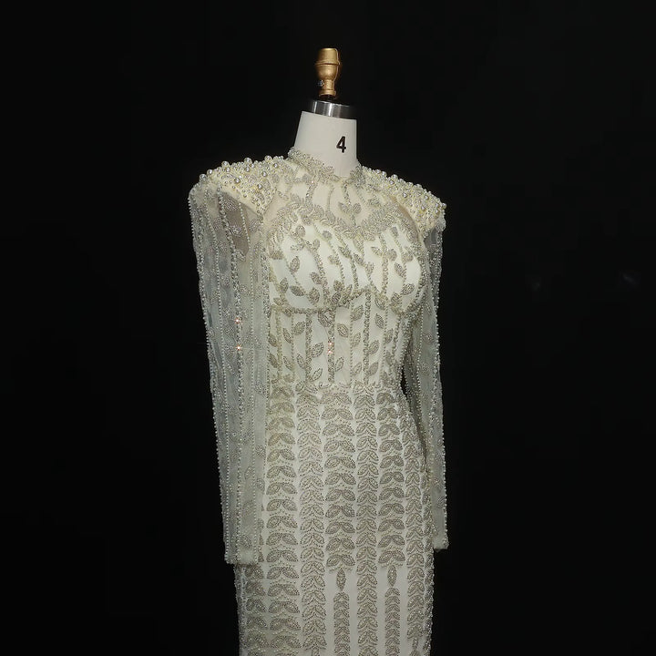 Cream Long Sleeves Arabic Evening Dresses SS696