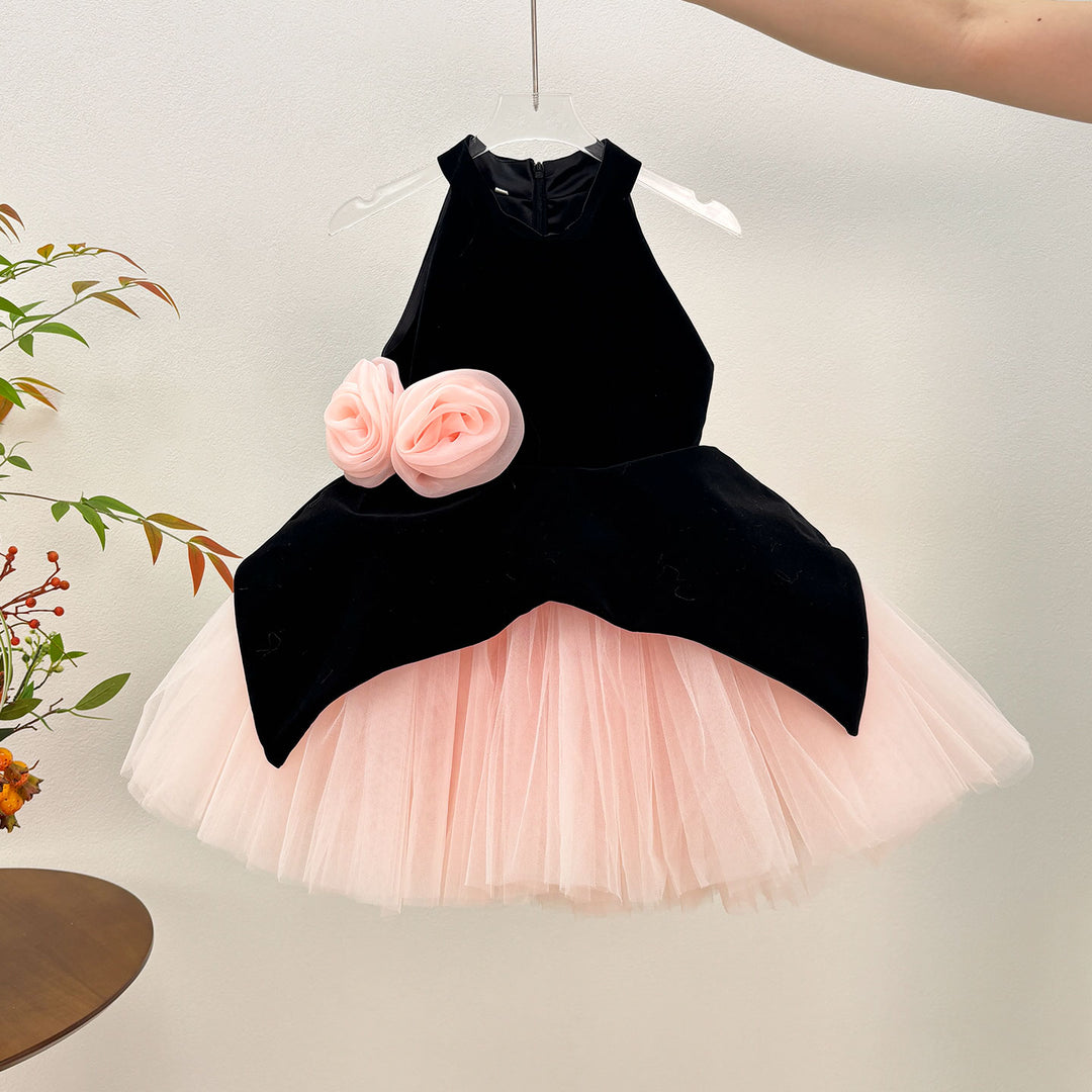 Black Pink Floral Velvet Tulle Girls Cocktail Dress D005