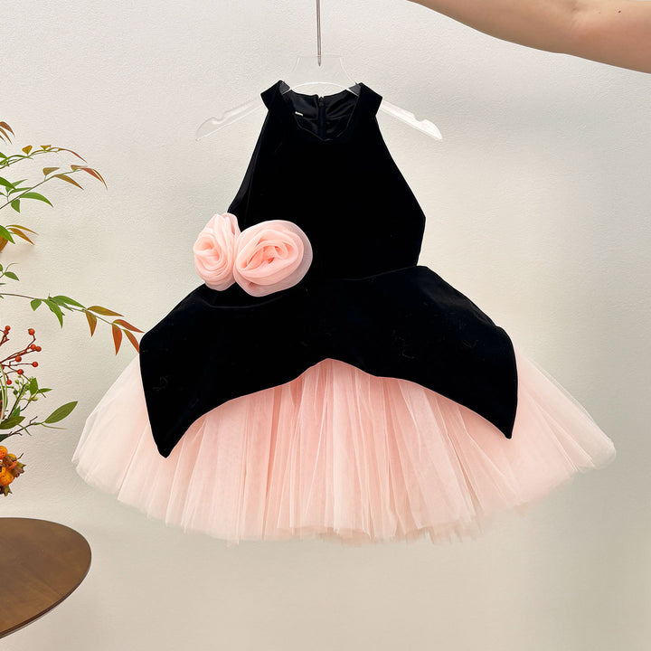 Black Pink Floral Velvet Tulle Girls Cocktail Dress D005