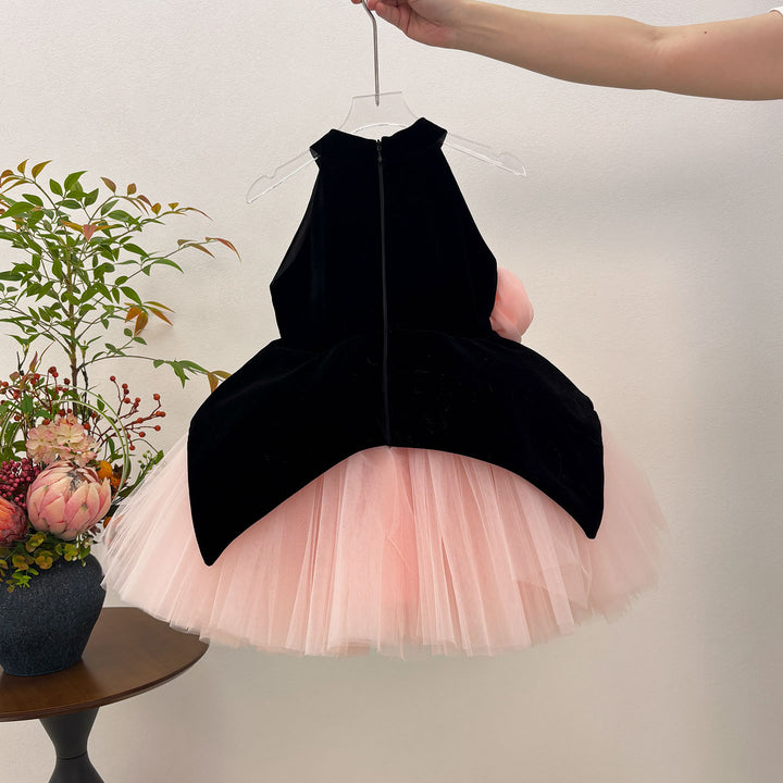 Black Pink Floral Velvet Tulle Girls Cocktail Dress D005