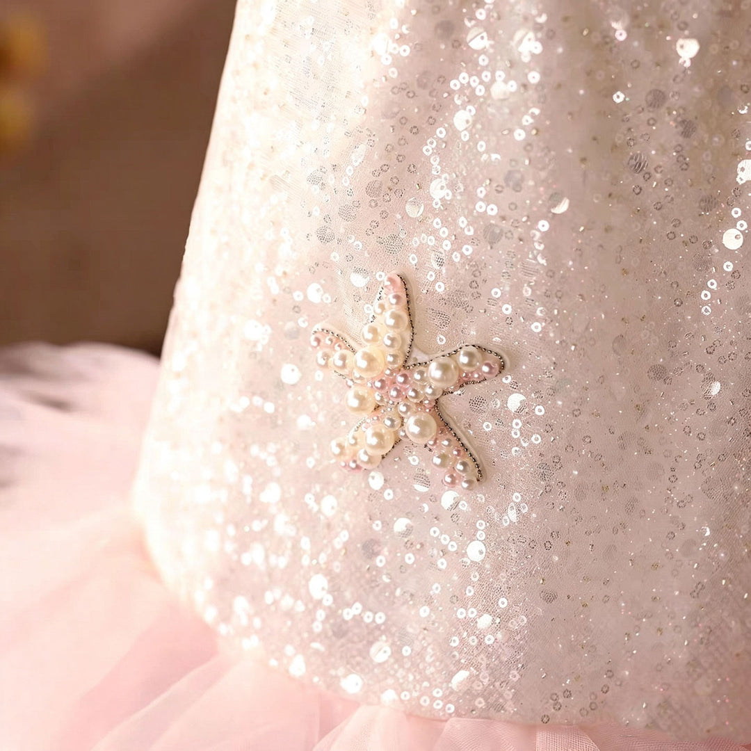 D062 Off White sequin starfish flower girl dress detail 4